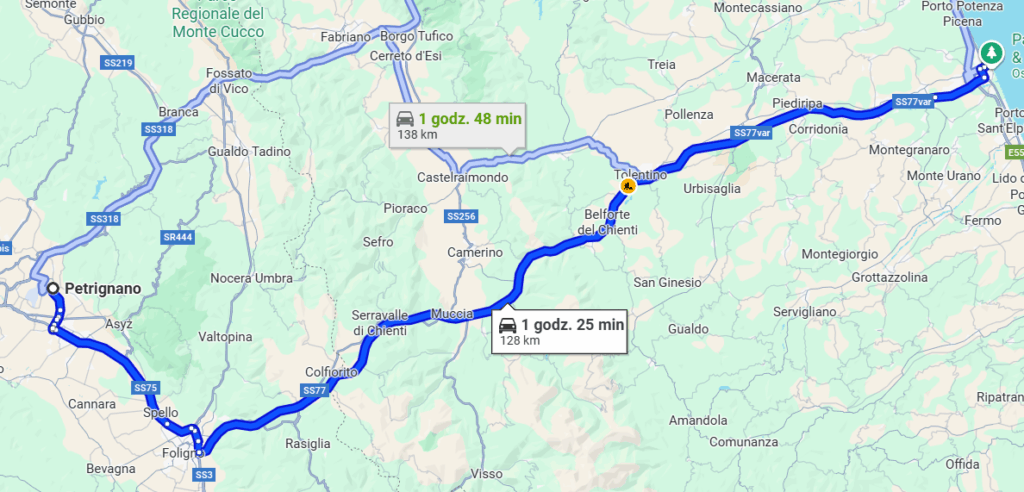 Mapa trasy z Petrignano do Civitanovy – szybki dojazd z nocleg w Umbrii
